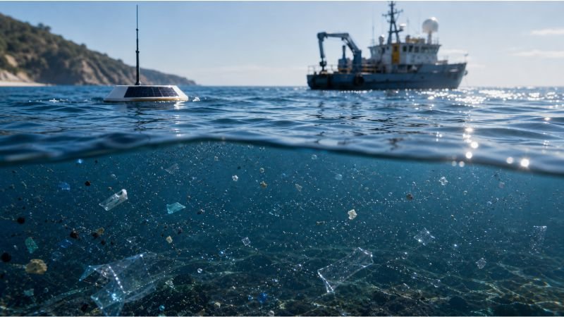 Research vessel above micro-scale ocean cleanup units working below the surface among suspended microplastic fragments in open seawater