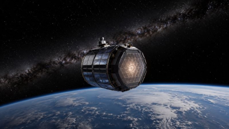 Autonomous deep space probe above Earth with metamaterial panels and illuminated core, representing a passive cosmic antenna for gravitational wave energy conversion