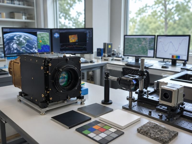 Earth observation lab with satellite sensor hardware, calibration panels, and optical analysis equipment for passive remote sensing.