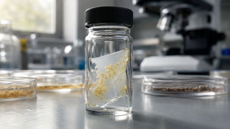 PET plastic film fragment with microbial biofilm inside a laboratory vial during enzyme-based plastic degradation research