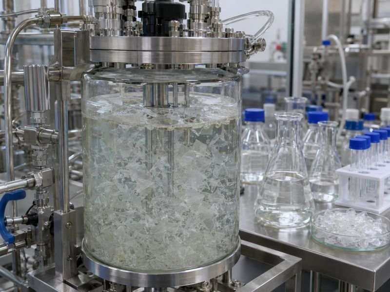 PETase enzyme engineering bioreactor with shredded PET plastic suspended in liquid and laboratory glassware for enzyme-based plastic degradation