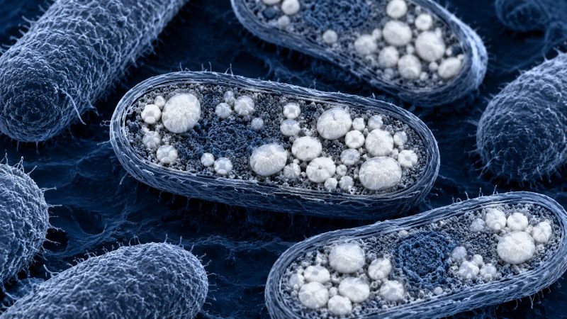 Bacterial cells containing bright PHA polymer granules showing how polyhydroxyalkanoate bioplastics form inside microbial cells