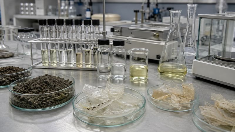 Marine sediment samples, polymer fragments, and enzyme assay glassware in a biodegradation lab studying PHA-depolymerase activity