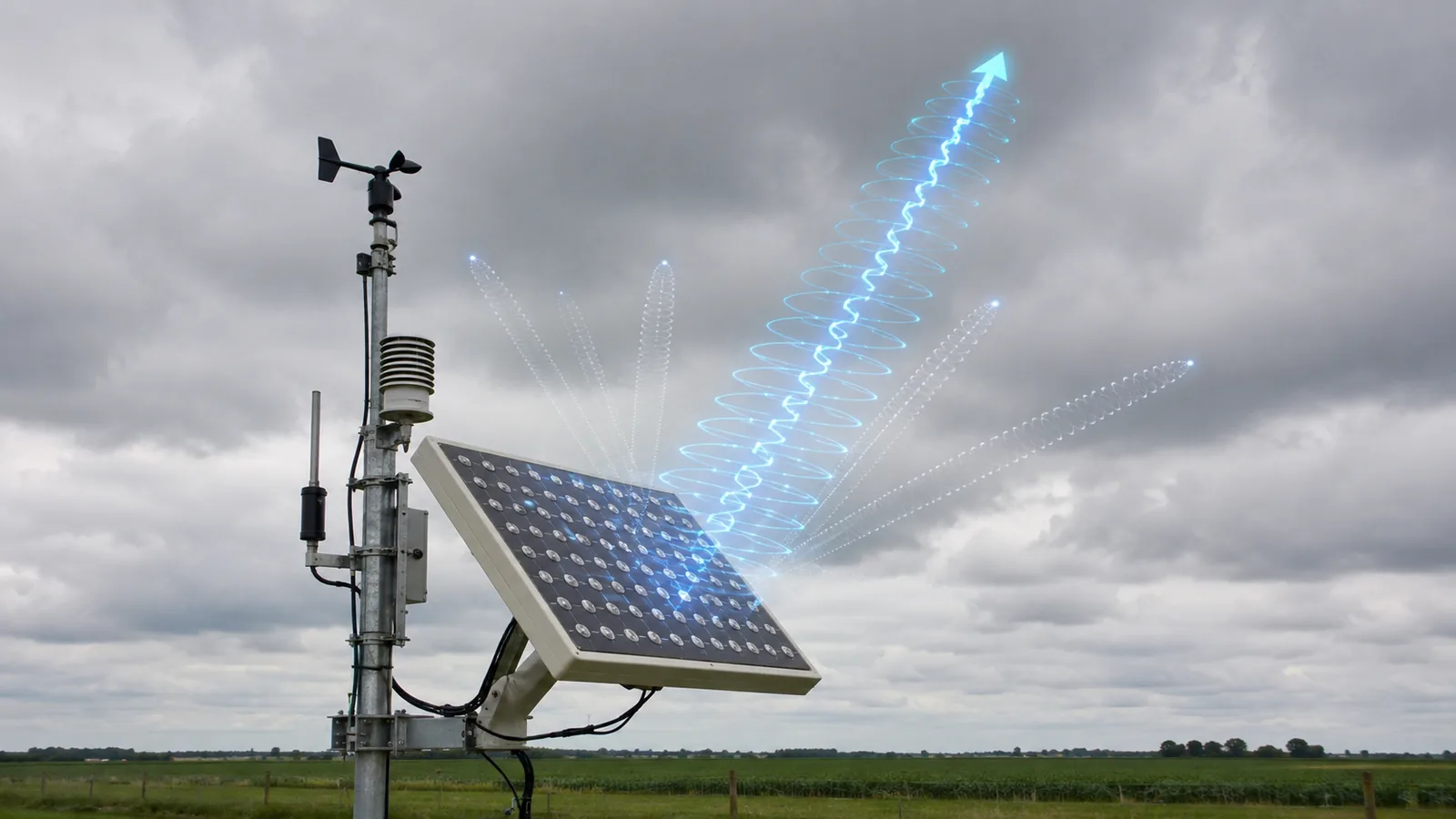 Phased-array antenna on an agricultural weather mast emitting coordinated wavefronts into low clouds as a steerable electromagnetic beam.
