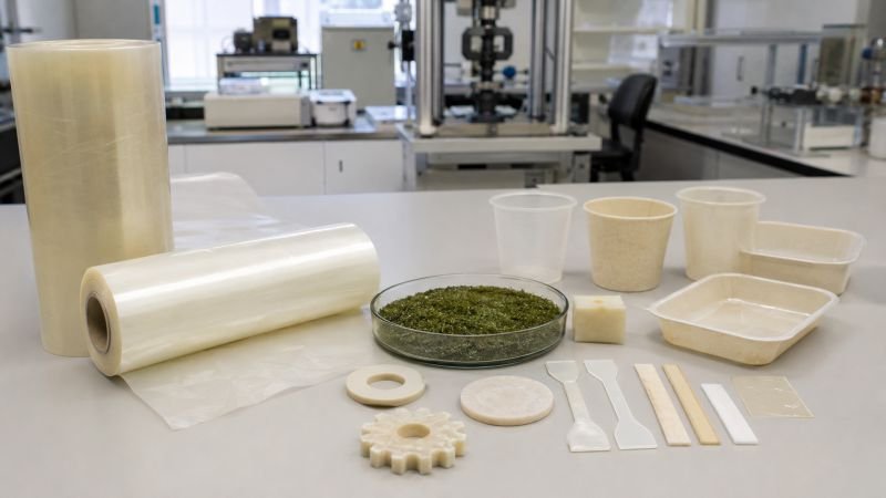 PHBV copolymer samples with biodegradable film rolls, molded bioplastic pieces, algae-derived feedstock, and test specimens on a laboratory bench