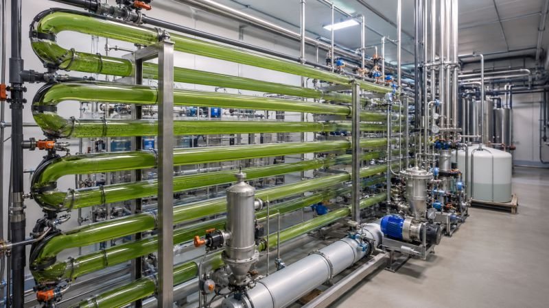 Transparent tubular photobioreactor system with circulating green algal culture, gas dosing hardware, and process equipment in a clean bioprocess facility