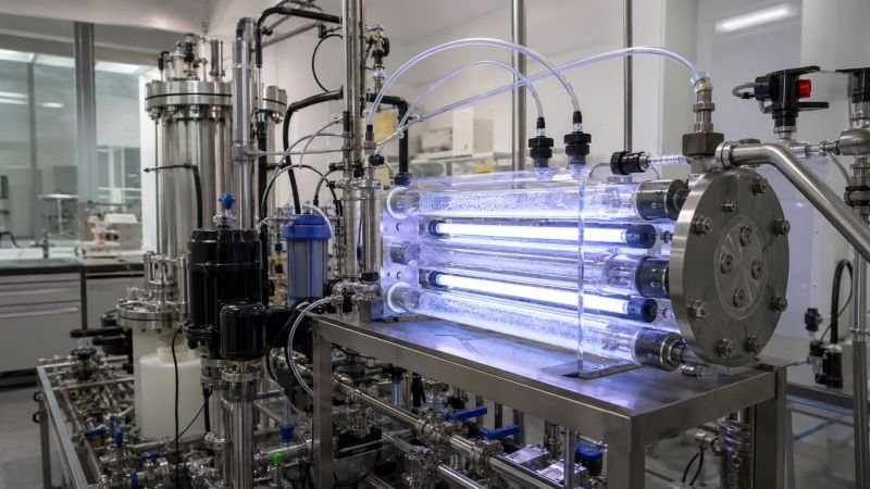 Photocatalysis laboratory reactor with illuminated catalyst surfaces, flowing water, quartz tubes, and process hardware in a clean treatment setup