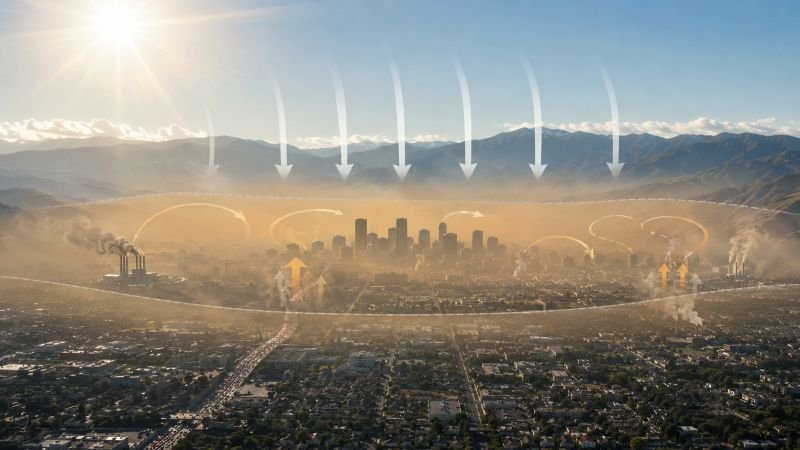 Photochemical smog over a sunlit city basin with traffic emissions, industrial plumes, and trapped lower-atmosphere haze