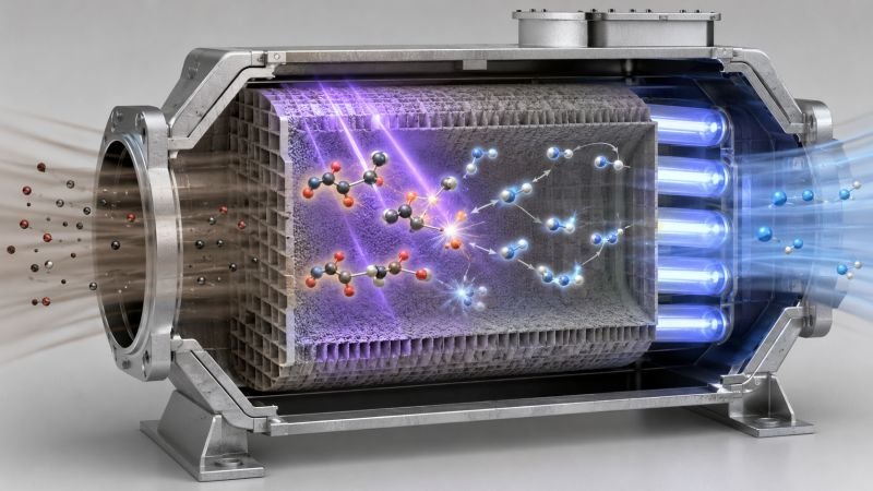 Urban air-treatment module with a honeycomb catalytic matrix, incoming light, and airflow paths showing photolysis breaking pollutant molecules into reactive fragments