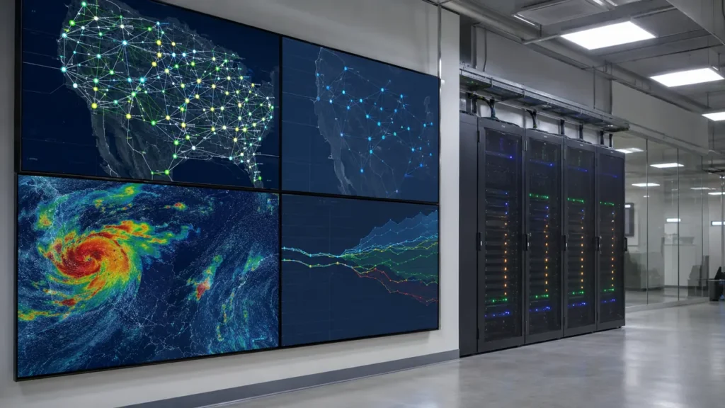 Data center and environmental monitoring displays showing physical limits that constrain AI in eco tech systems.