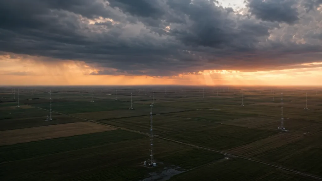 Continental-scale quantum weather modifier network spread across agricultural plains under storm clouds at sunset.