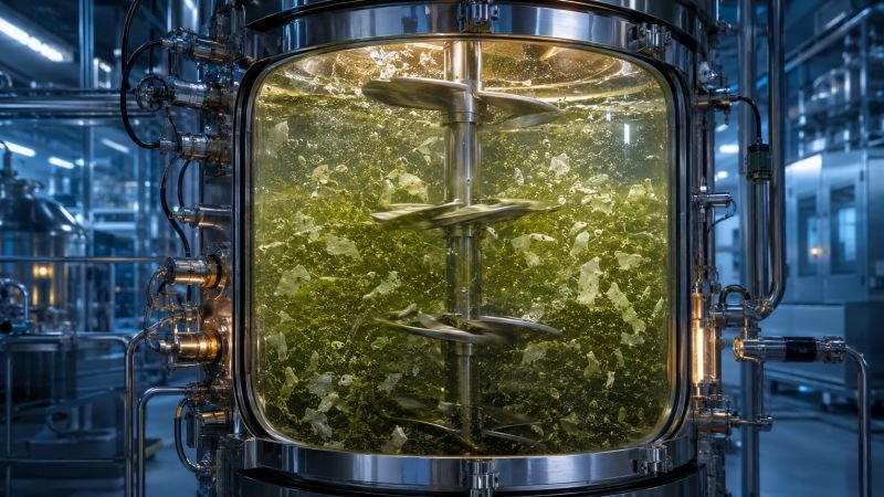Shredded PET plastic fragments suspended in a microbial liquid inside an industrial bioreactor for enzyme-based recycling