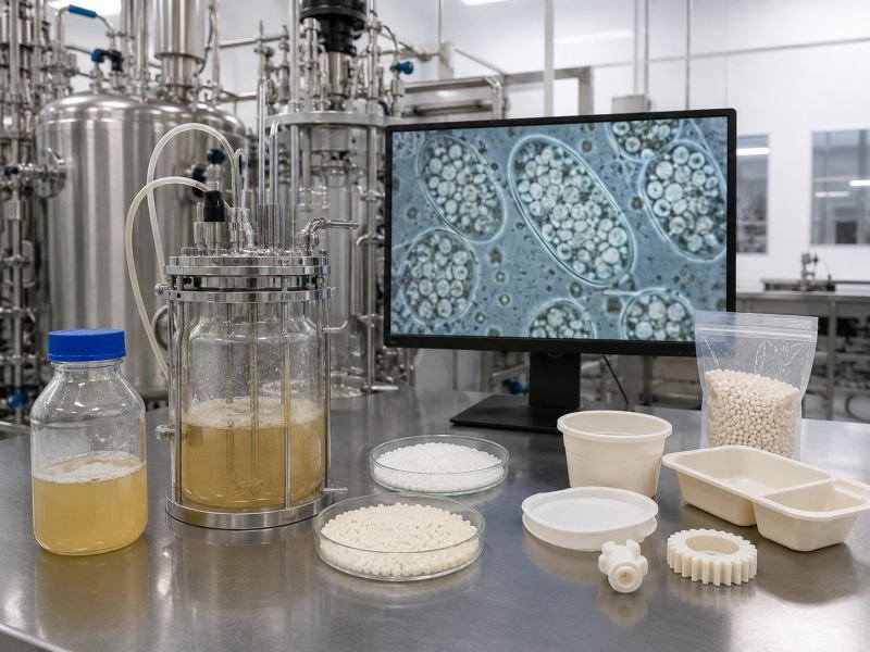 Polyhydroxyalkanoate PHA fermentation setup with bacterial culture vessels, intracellular polymer granules, bioplastic pellets, and biodegradable molded products