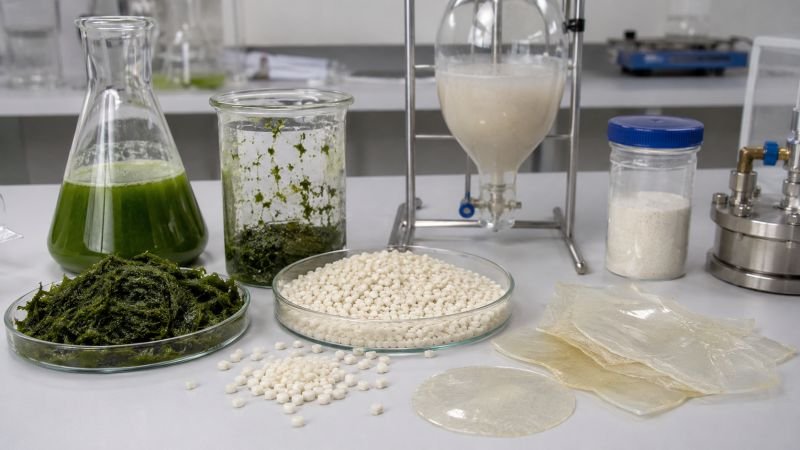 Polyhydroxybutyrate research setup with green microalgae biomass, biodegradable plastic pellets, thin molded samples, and polymer recovery vessels on a lab bench