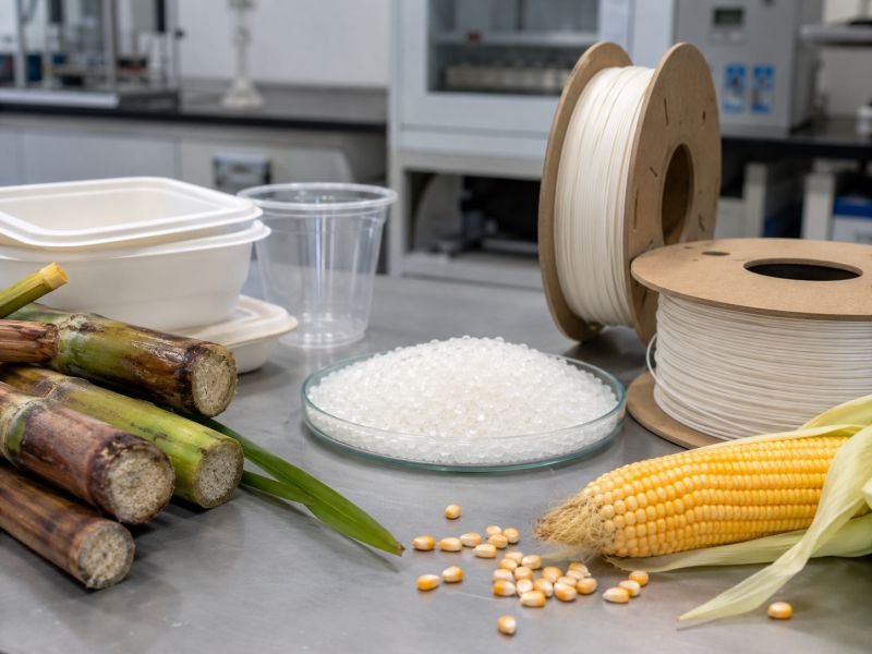 PLA pellets, molded packaging, filament spools, corn, and sugarcane feedstock on a polymer lab bench.