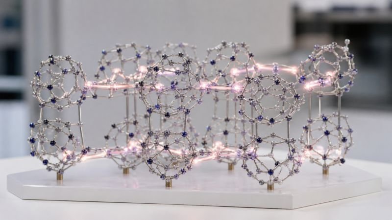 Molecular light-harvesting structure with linked nanoscale sites showing coordinated energy transfer in quantum coherence.