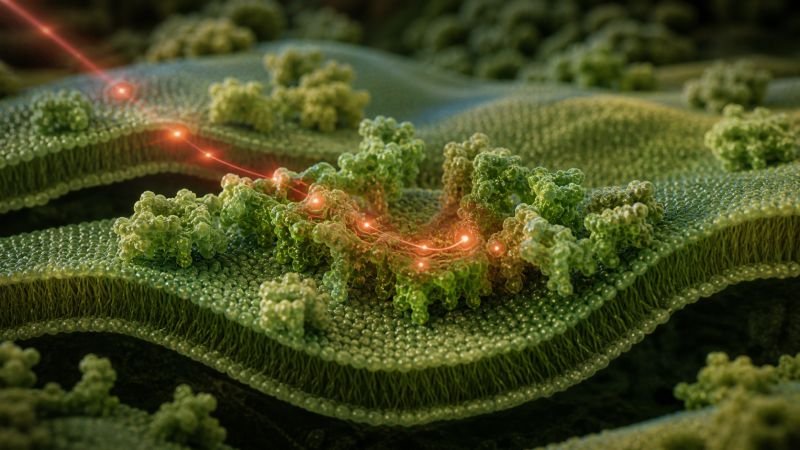 Photosynthetic membrane structures capturing red light and transferring energy through molecular pathways.