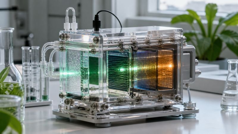 Laboratory prototype of an artificial photosynthesis device with layered materials, fluid channels, and light-guided reaction chambers.