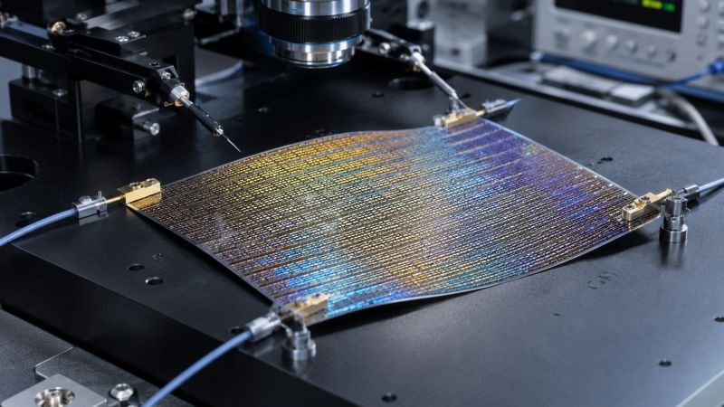 Quantum flux energy harvester film with iridescent rectenna grid, probe contacts, and microelectronics testing equipment on a dark laboratory bench