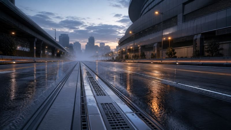 Empty urban street with embedded magnetic track strips showing the active road infrastructure for quantum levitation vehicles