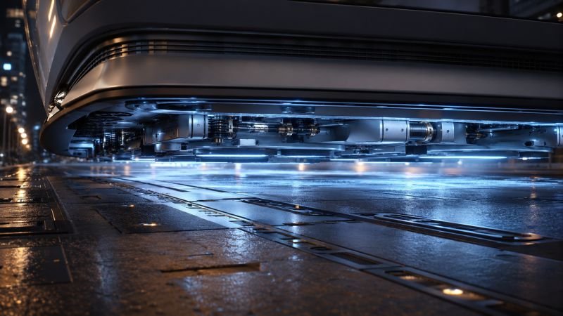 Quantum levitation vehicle undercarriage hovering above a magnetic road surface with embedded propulsion elements and blue-white field glow