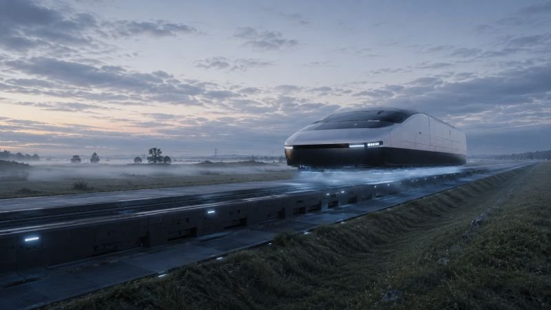 Prototype quantum levitation vehicle hovering above a magnetic test track at dawn with light mist over the surrounding fields