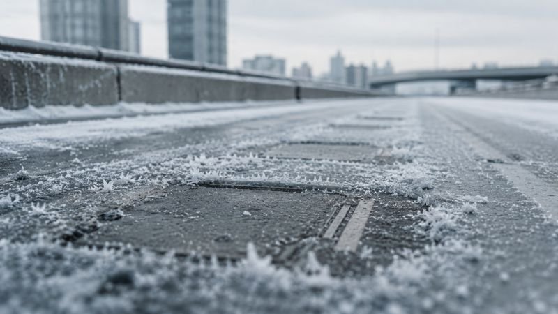 Frozen magnetic road surface with frost and ice showing winter clearance challenges for quantum levitation vehicles