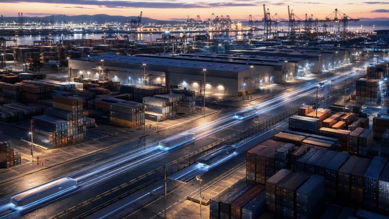 Autonomous freight vehicles moving through a modern port logistics zone on dedicated corridors designed for quantum levitation transport
