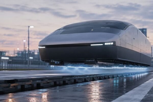 Quantum levitation vehicle hovering above a magnetized urban road with visible clearance and blue-white underbody light