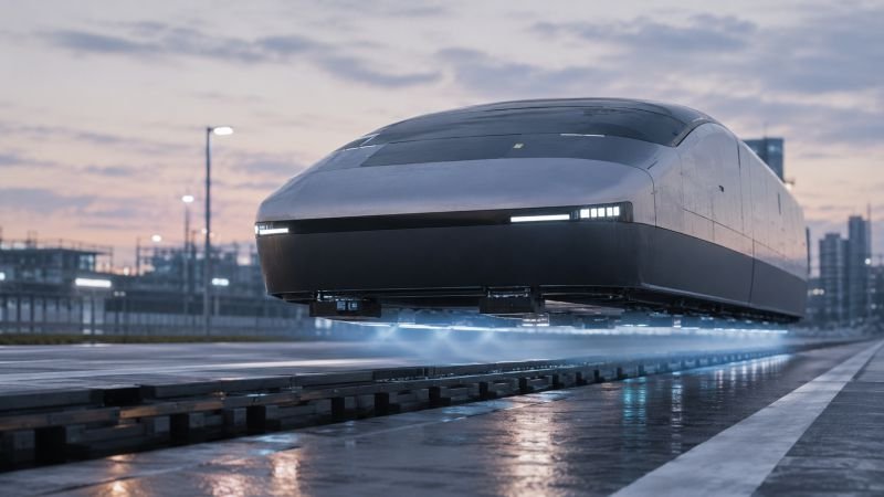 Quantum levitation vehicle hovering above a magnetized urban road with visible clearance and blue-white underbody light