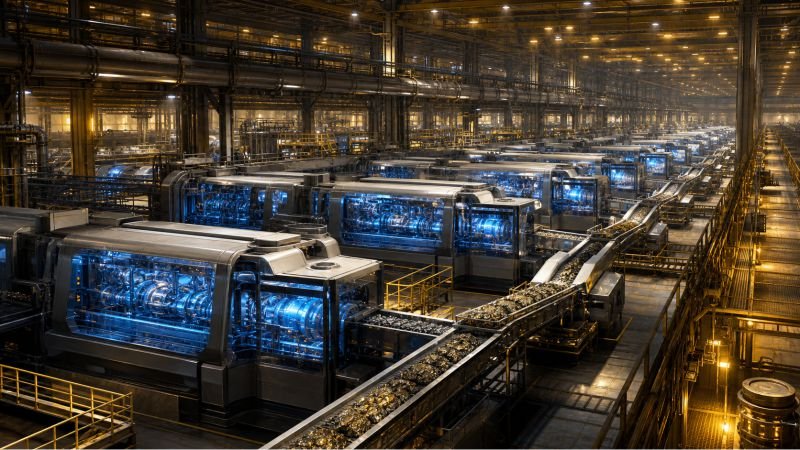 Large industrial facility with rows of quantum recycling machines processing continuous material streams through enclosed recovery units.