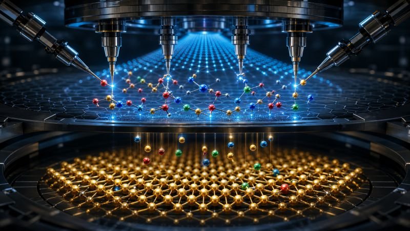 Quantum recycling machine using multiple probe tips to arrange separated atoms into a precise crystal lattice.
