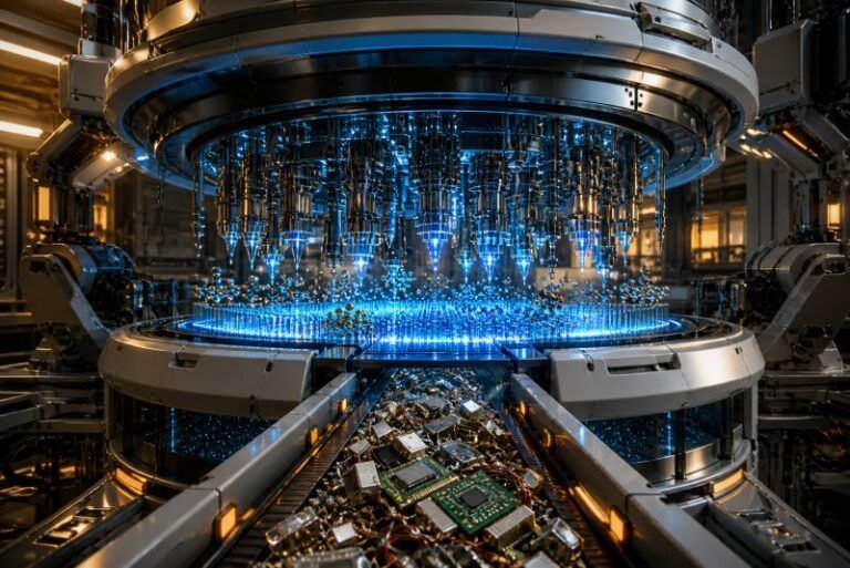Quantum recycling machine processing electronic waste through atomic-scale probe arrays and precision material recovery systems.