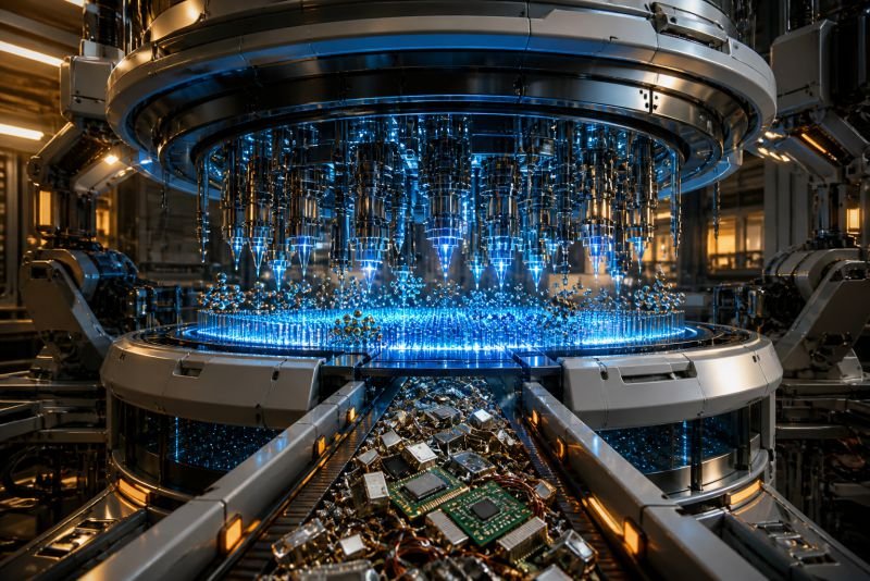 Quantum recycling machine processing electronic waste through atomic-scale probe arrays and precision material recovery systems.