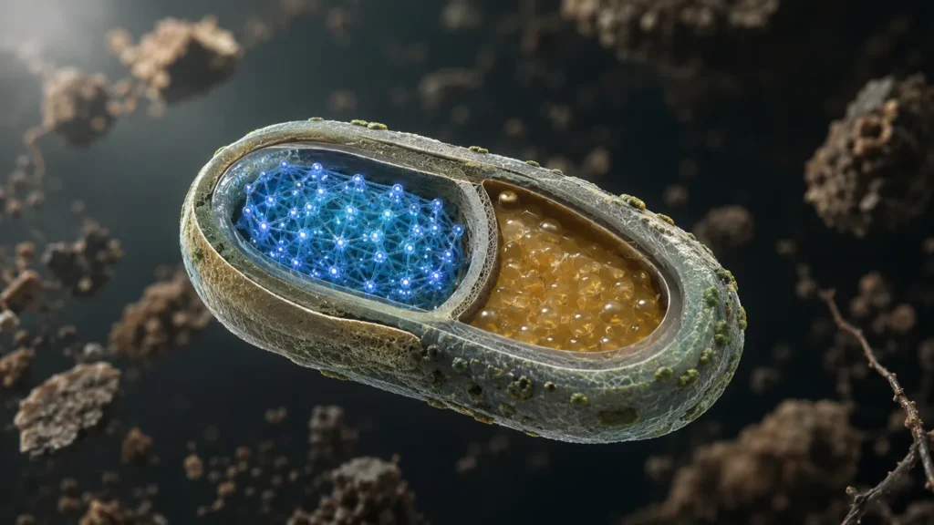 Quantum soil enhancer cutaway showing a blue sensing lattice, amber nutrient chamber, and biodegradable outer casing at nano scale.