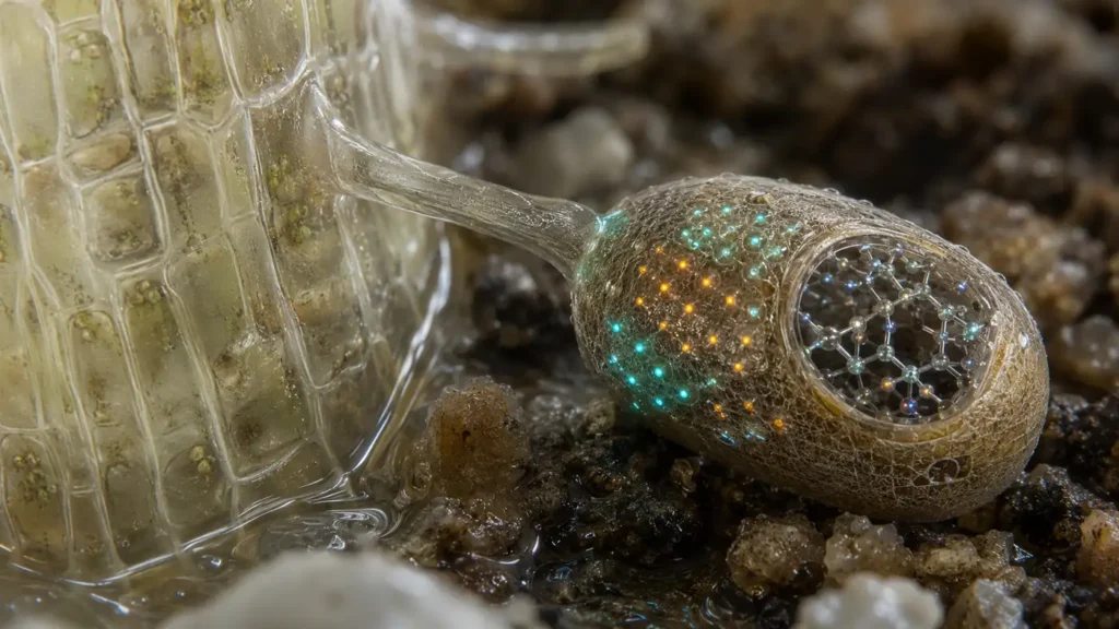 Quantum soil enhancer sensing a root hair with glowing quantum dots and internal lattice elements showing plant nutrient detection.