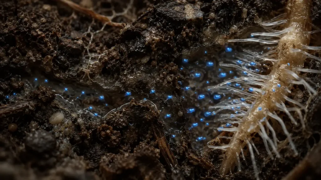 Quantum soil enhancer agents moving through wet soil pores toward root hairs, showing passive navigation by root-zone chemical gradients.