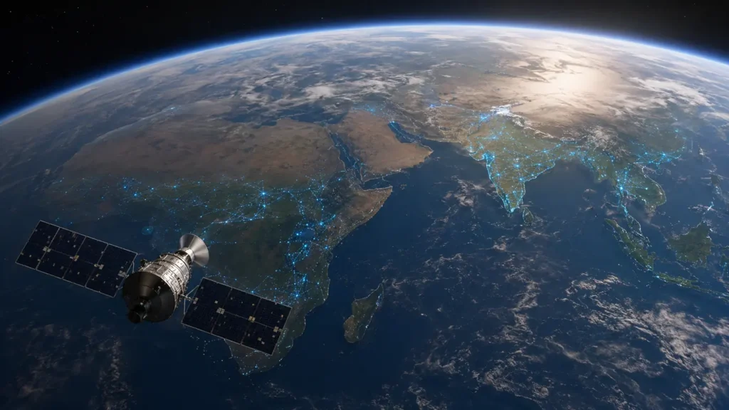 Quantum soil enhancer network across agricultural regions seen from orbit with satellite monitoring and glowing crop-zone connections.