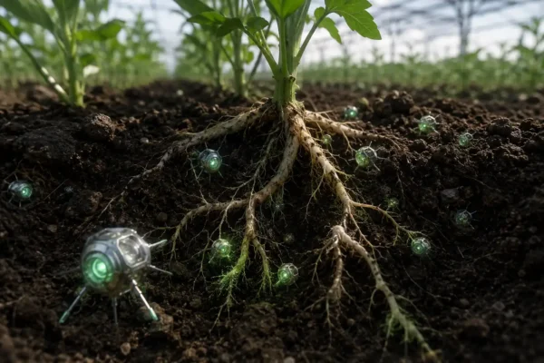 Quantum soil enhancers near crop roots in dark soil showing nano-scale nutrient delivery agents working inside the root zone.