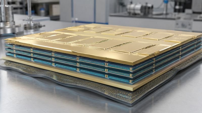 Quantum thermal rectenna array stack with layered gold conductors, nanoscale junction layers, and a flexible substrate on a laboratory bench