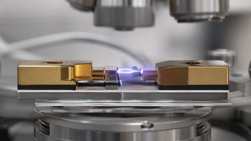 Nanoscale junction between layered materials showing electron tunneling across a narrow quantum barrier.