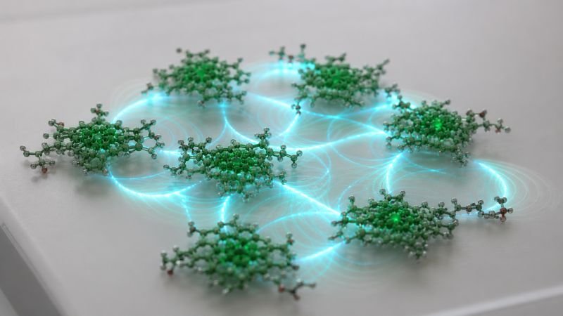 Molecular structures connected by quantum-scale energy pathways during photosynthetic energy transfer.