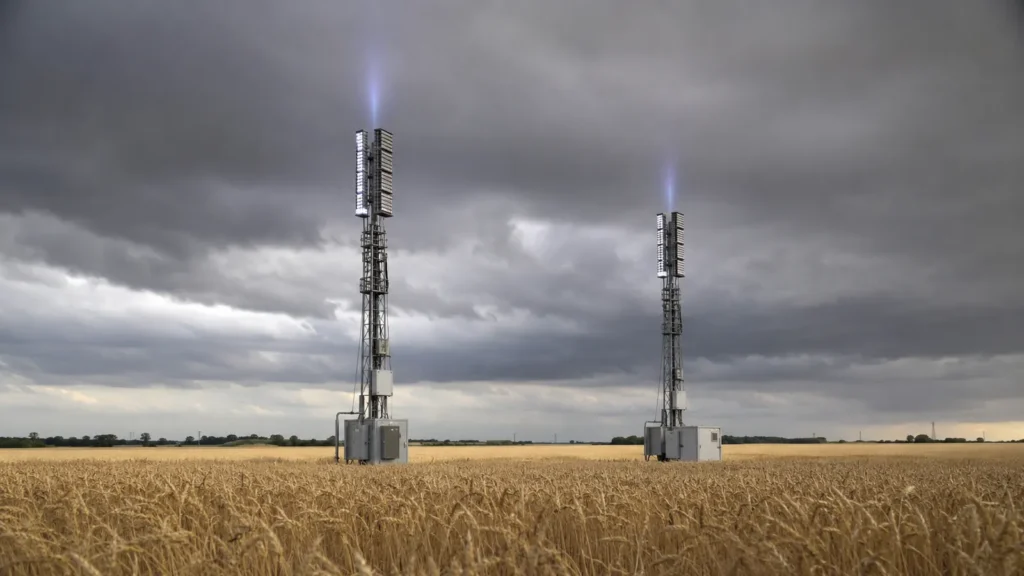 Quantum weather modifier antenna masts standing in a wheat field under dark clouds, showing field-scale atmospheric control hardware.