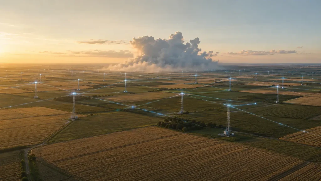 Quantum weather modifier network across agricultural fields with antenna masts, data connection lines, and cloud formation over the region.