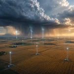 Quantum weather modifier antenna grid over wheat fields triggering cloud nucleation and rainfall beneath a storm system at dusk.