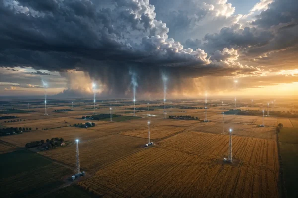 Quantum weather modifier antenna grid over wheat fields triggering cloud nucleation and rainfall beneath a storm system at dusk.