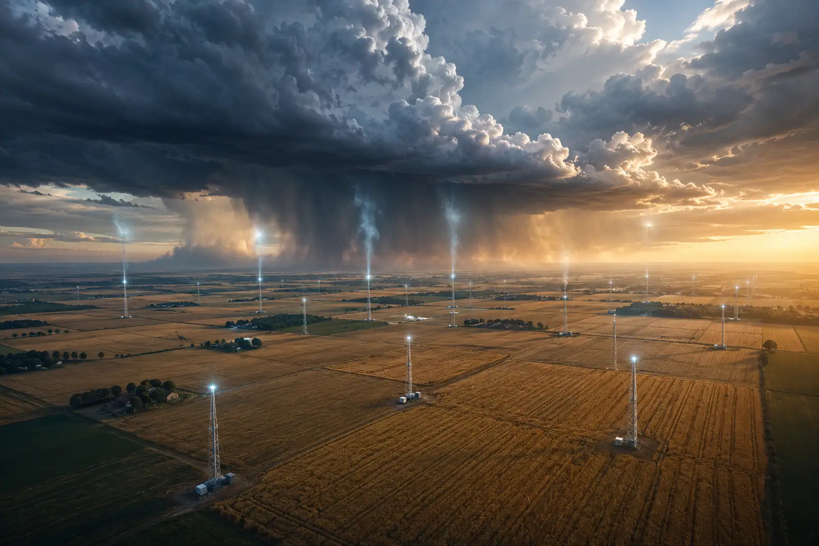 Quantum weather modifier antenna grid over wheat fields triggering cloud nucleation and rainfall beneath a storm system at dusk.