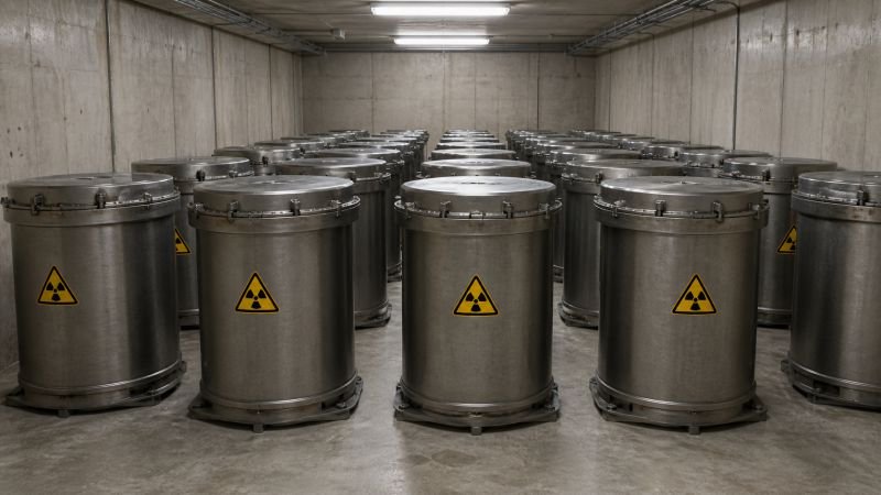 Sealed radioactive waste containers stored inside a concrete facility with overhead industrial lighting.
