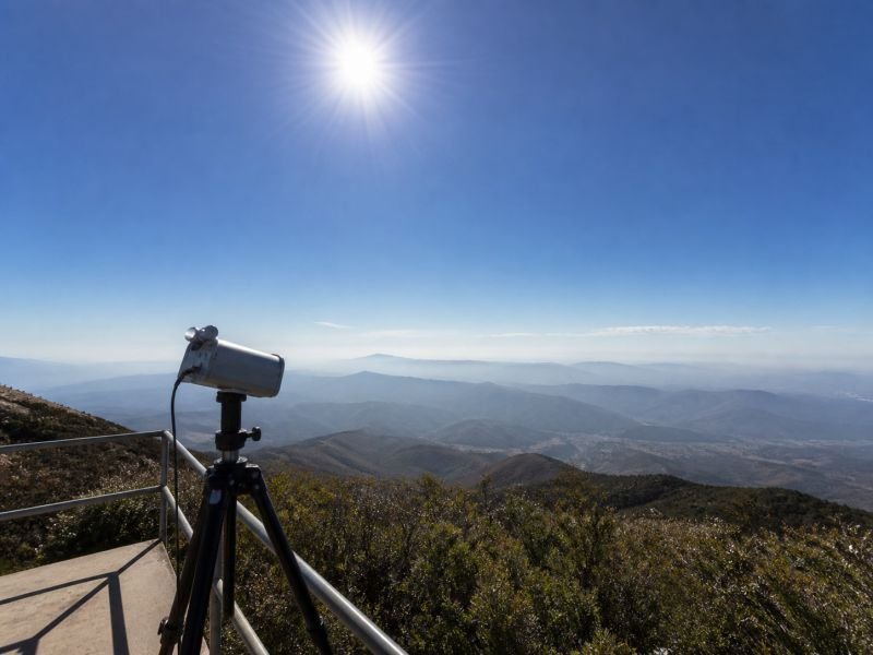 Sunlight passing through a clear blue sky above distant terrain with atmospheric observation equipment in the foreground, illustrating Rayleigh scattering.