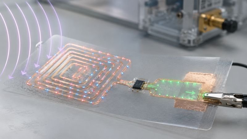 Rectenna on a thin electronic film with antenna pattern, rectifier junction, incoming wave fronts, and direct-current collection path